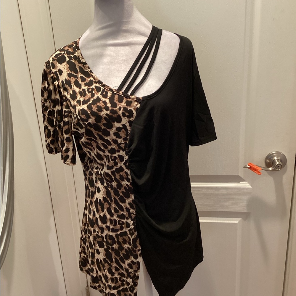 Leopard Print & Black Asymmetrical Tunic Top